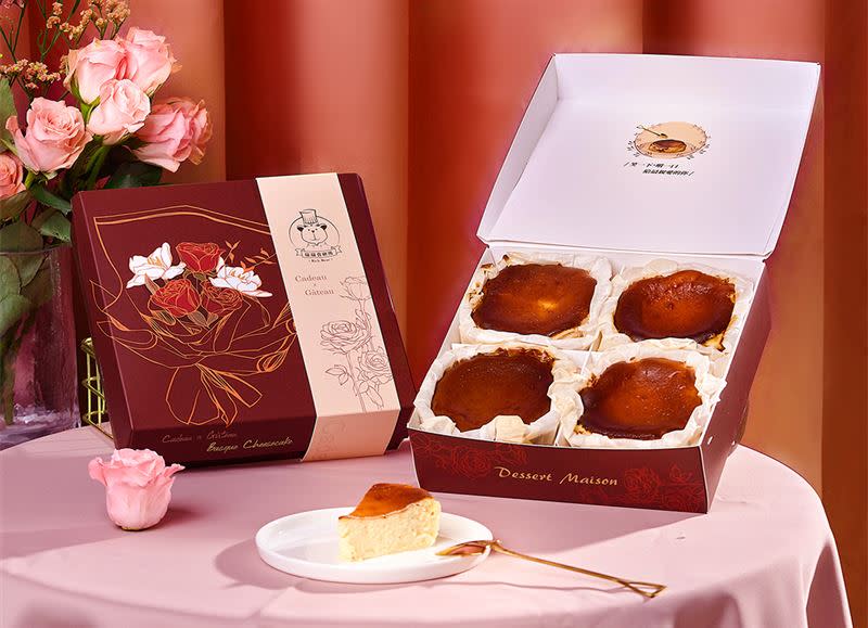 母親節限定「國王巴斯克-法國玫瑰禮盒」，內含原味、草莓、可可及蜂蜜4款巴斯克。（圖／瑞瑞•食研所提供）