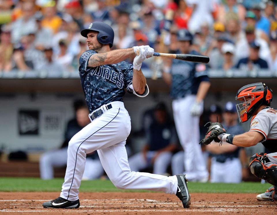 Jul 16, 2017; San Diego, CA, USA; San Diego Padres left fielder Matt Szczur (23) follows through during the first inning against the San Francisco Giants at Petco Park. Mandatory Credit: Jake Roth-USA TODAY Sports