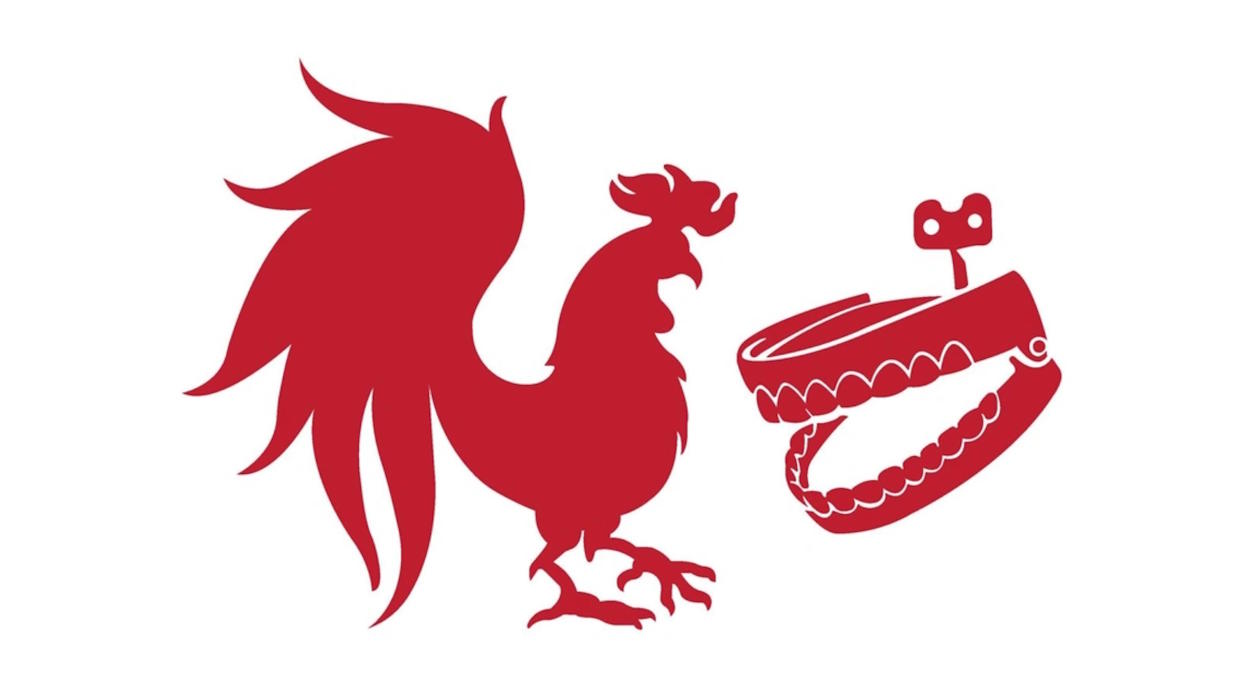  Rooster Teeth logo - a rooster and some wind-up teeth. 