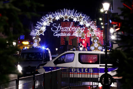 Police secures area where a suspect is sought after a shooting in Strasbourg, France, December 11, 2018. REUTERS/Christian Hartmann