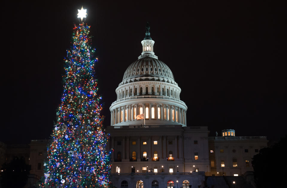 <p>Doch nicht nur die New Yorker haben eine Beleuchtungszeremonie für ihren Weihnachtsbaum. Auch in Washington D.C. wird die Edeltanne feierlich auf dem Capitol Hill erleuchtet. Der traditionelle Weihnachtsbaum strahlt mit seinen mehr als 10.000 Lichtern seit dem 6. Dezember neben dem Capitol. (Bild: Getty Images) </p>