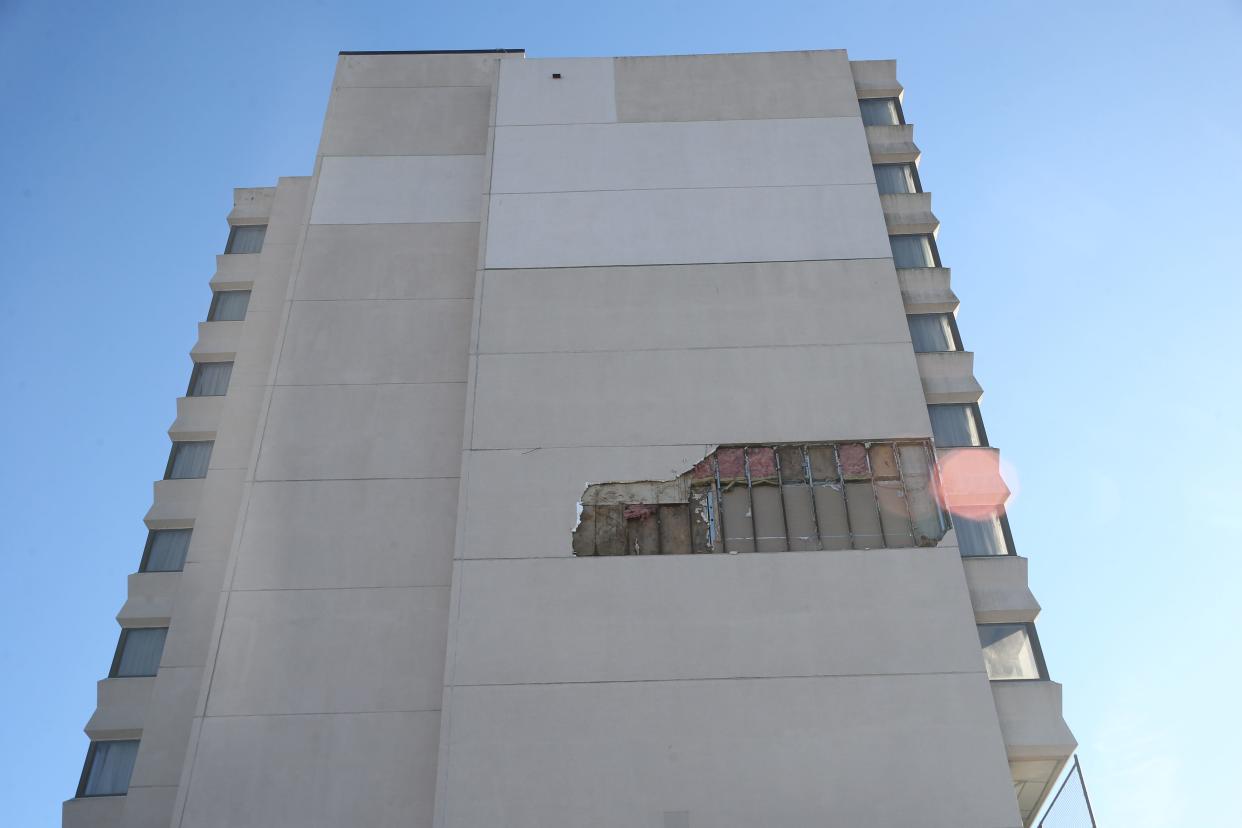 A portion of the north facade of the Poughkeepsie Grand Hotel was ripped off the building during Monday’s high winds on March 11, 2024.