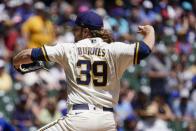 Milwaukee Brewers starting pitcher Corbin Burnes throws during the first inning of a baseball game against the Chicago Cubs Wednesday, July 6, 2022, in Milwaukee. (AP Photo/Morry Gash)