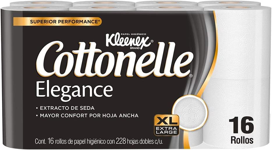 Kleenex Cottonelle Elegance Papel Higiénico, 16 Rollos Con 228 Hojas Dobles Extra Largas/Amazon.com.mx