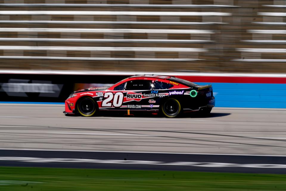 Christopher Bell (20) drives during practice for the NASCAR Cup Series auto race at Texas Motor Speedway in Fort Worth, Texas, Saturday, Sept. 24, 2022. (AP Photo/LM Otero)