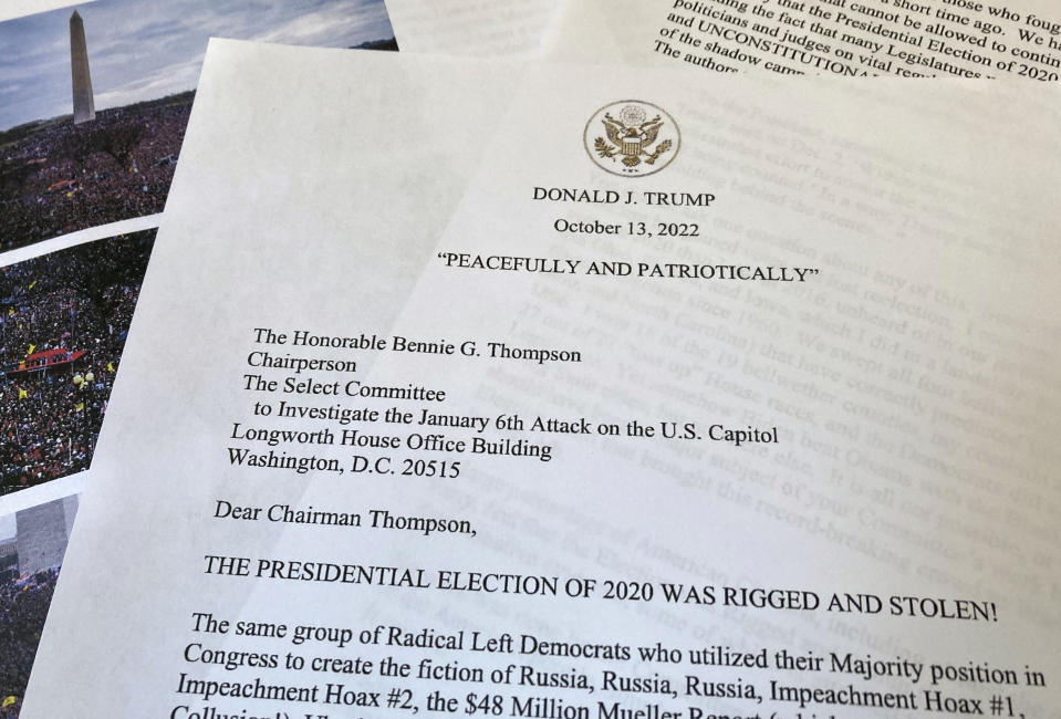 Pages of a letter from former President Donald Trump to Rep. Bennie Thompson, D-Miss., chairman of the House Jan. 6 committee, are photographed Friday, Oct. 14, 2022 in Washington. (AP Photo/Wayne Partlow)