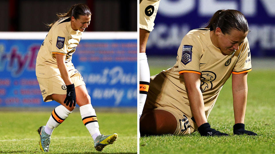 England star Fran Kirby goes down injured.