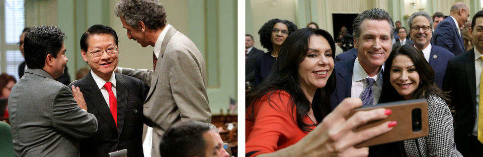 Left: Groups funded by organized labor aided Assemblyman Mike Eng, center, as he sought to win a state senate seat.

Right: Assemblywoman Blanca Rubio, left, was buoyed by millions from special interest groups as she challenged Eng for the seat.