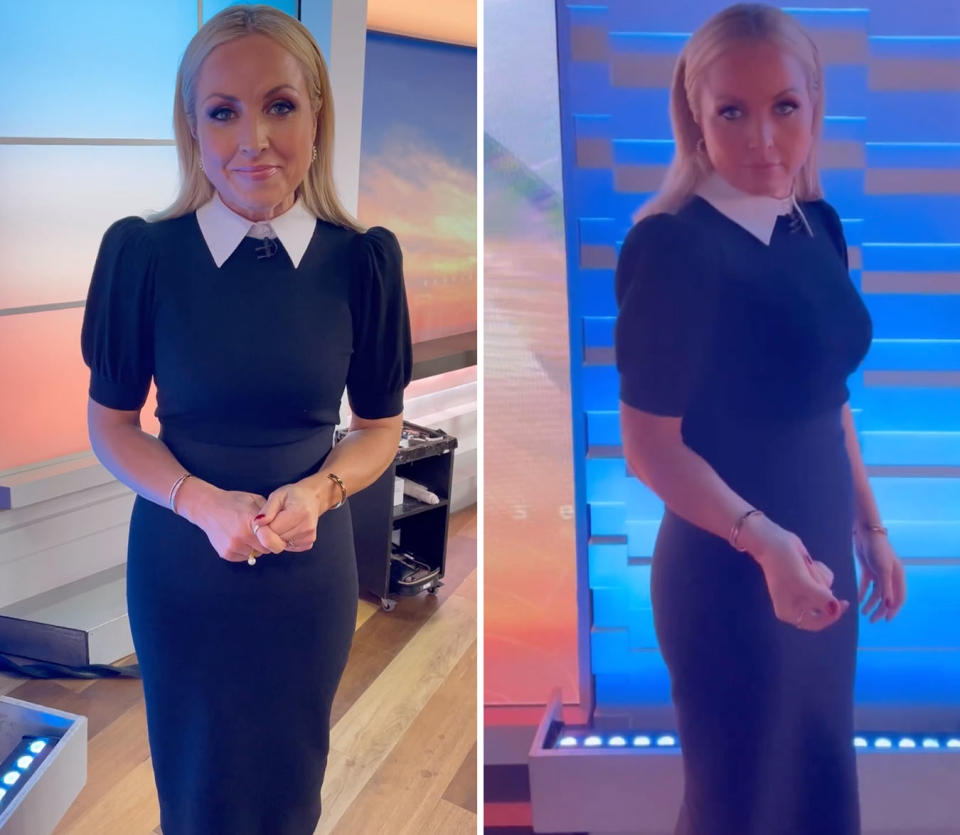 Two photos of Monique Wright in a black dress with white dickey collar on the Sunrise set