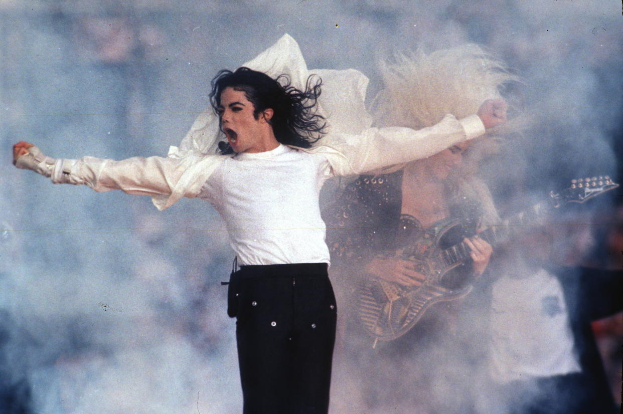 FILE - This Feb. 1, 1993 file photo shows Pop superstar Michael Jackson performing during the halftime show at the Super Bowl in Pasadena, Calif. A stage musical about Michael Jackson will premiere in Chicago later this year before heading to Broadway in 2020. Officials said Wednesday that "Don't Stop 'Til You Get Enough" will begin pre-Broadway performances at Chicago's Nederlander Theatre on Oct. 29 and run through Dec. 1. (AP Photo/Rusty Kennedy, file)