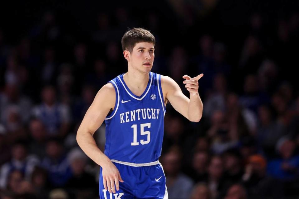 Kentucky freshman guard Reed Sheppard (15) leads the Wildcats in assists and steals and is third on the team in scoring.