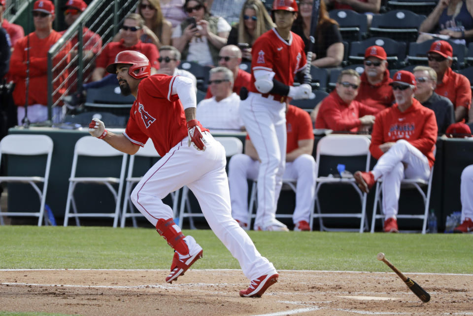 Los Angeles Angels' Anthony Rendon singles during the fourth inning of a spring training baseball game against the San Diego Padres, Thursday, Feb. 27, 2020, in Tempe, Ariz. (AP Photo/Darron Cummings)