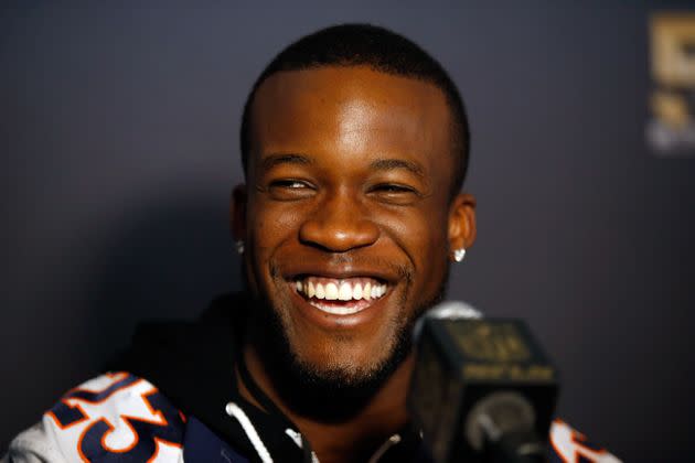 Ronnie Hillman speaks to the media before the Super Bowl in February 2016.