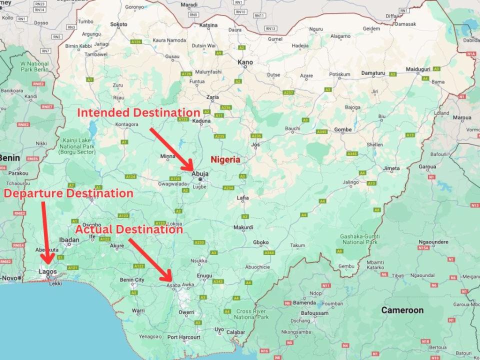 Ein Flug der United Nigeria Airline mit Ziel Abuja landete in Asaba. - Copyright: Google Maps