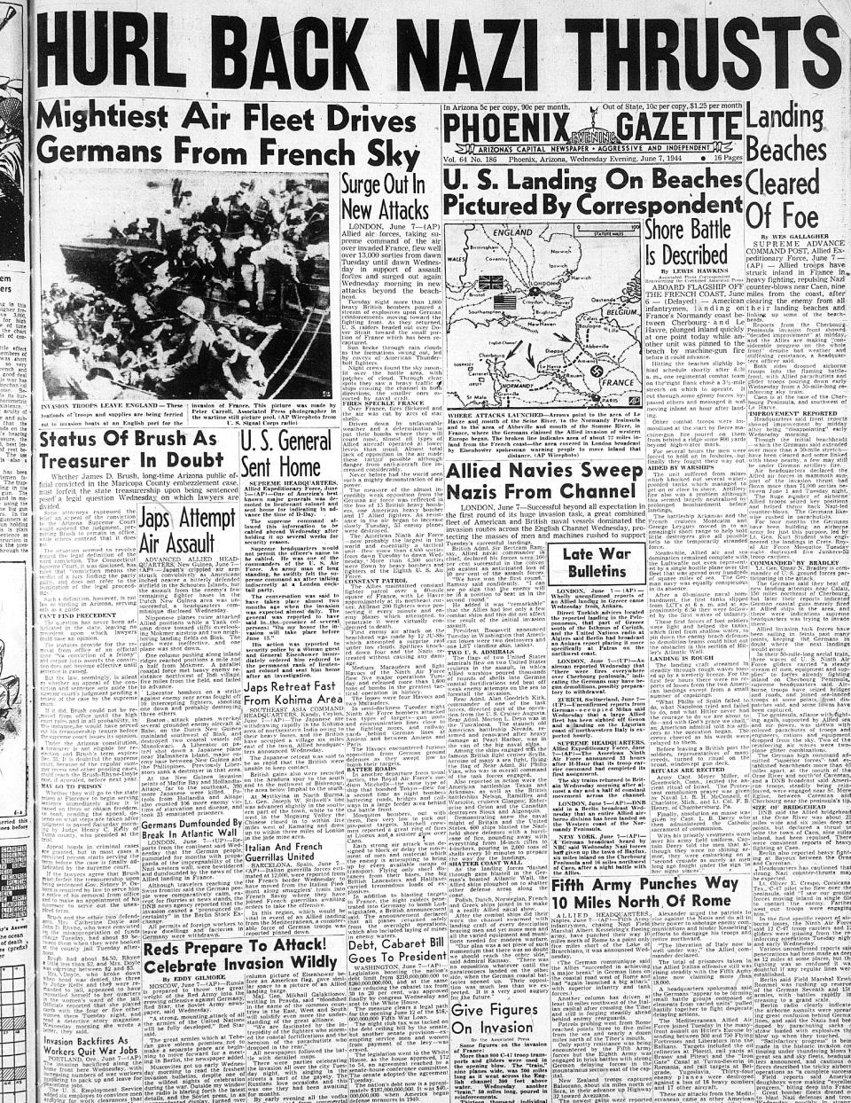 The front page of the Phoenix Gazette from June 7, 1944.