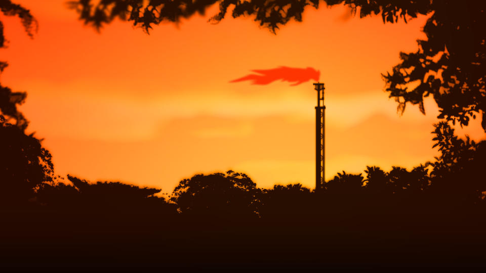 A depiction of a gas flare in Putumayo, Columbia. (AP Illustration/Peter Hamlin)