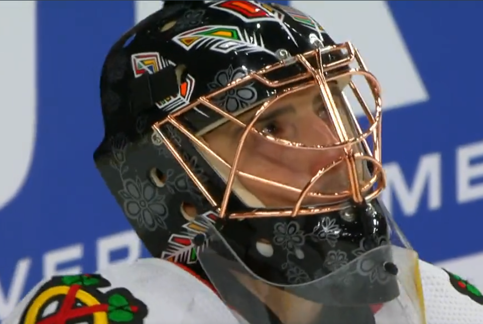 Vegas is a special place for Fleury, and the future Hall Of Famer grew emotional during the Golden Knights' video tribute to him in his return. (Twitter/BlackhawksTalk)