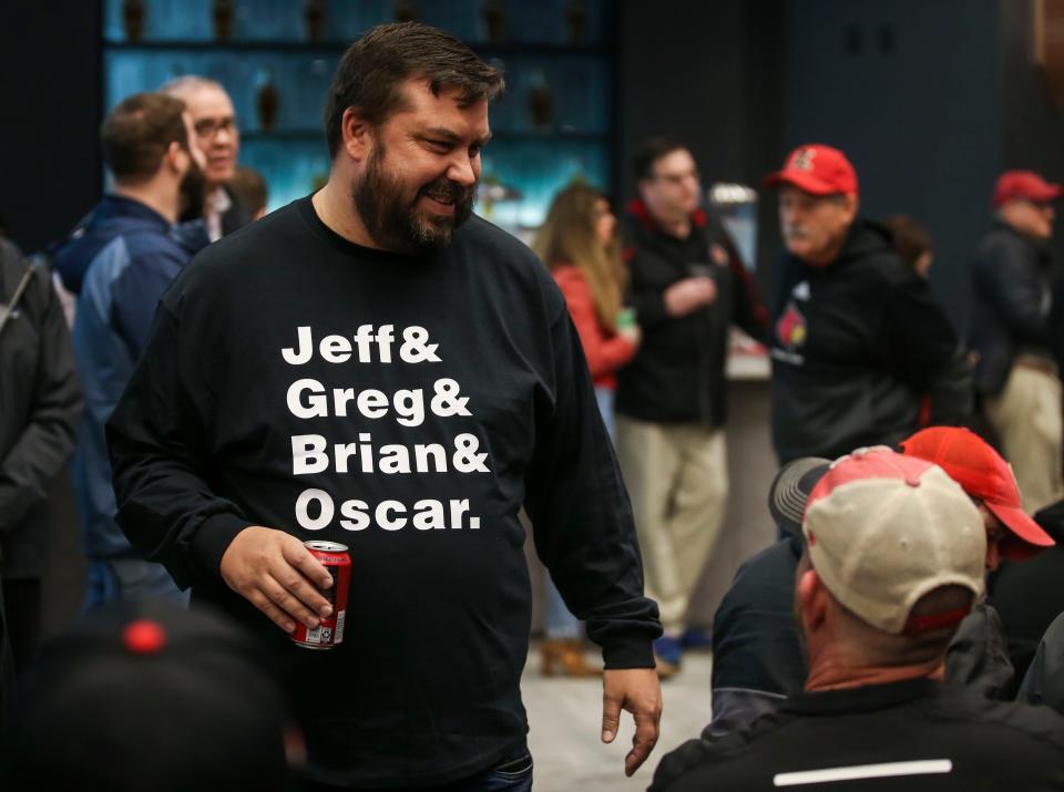 Louisville fans crowded inside the Angels Envy lounge area on the third floor of Cardinal Stadium for the Jeff Brohm announcement. "Cardinal fans are our family," Brohm said. "Living here, everywhere we go, we feel -- whether we're related or not -- everyone's family." Dec. 8, 2022