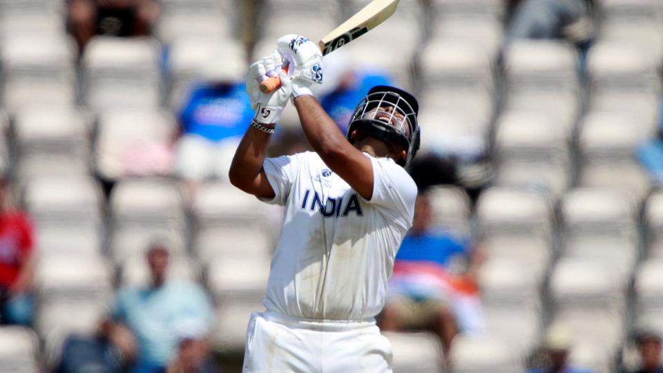 India’s Rishabh Pant reacts after losing his wicket during the sixth day of the World Test Championship final cricket match between New Zealand and India, at the Rose Bowl in Southampton.