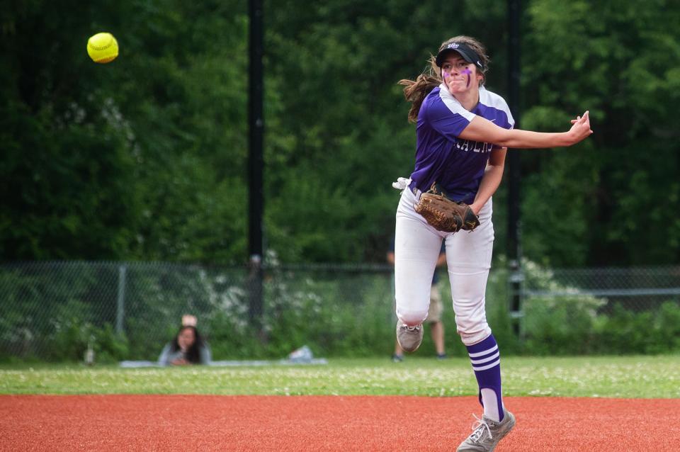 Monroe-Woodbury's Anna Paravati throws the ball to first base during the semi regional Class AA softball ball game at Arlington High School in Lagrangeville, NY on Wednesday, June 1, 2022. Monroe-Woodbury defeated North Rockland 12-0.