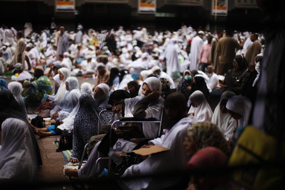 Muslim pilgrims attend Friday prayers at the Grand mosque in the holy city of Mecca ahead of the annual haj pilgrimage