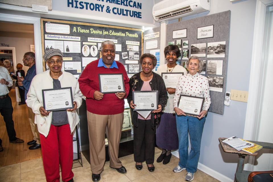 The Southport Historical Soceity recognized several individuals for helping with its African-American History and Culture exhibit. Those recognized are from left are Jean Parker, Donnie Joyner, Ennis Tobler, Judy Gordon, and Musette Steck.