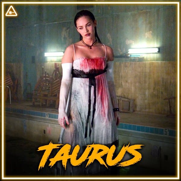 image of jennifer horror villain with taurus in scrawling orange letters at the bottom for her zodiac sign