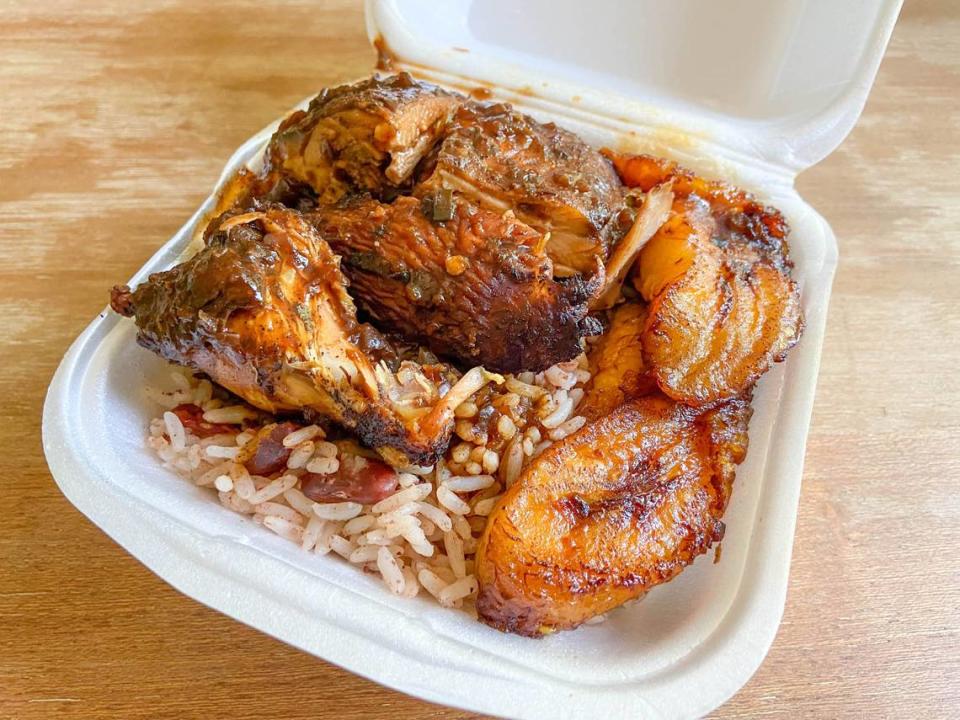 Jerk chicken, red beans and rice and plantains at Island Grocery.