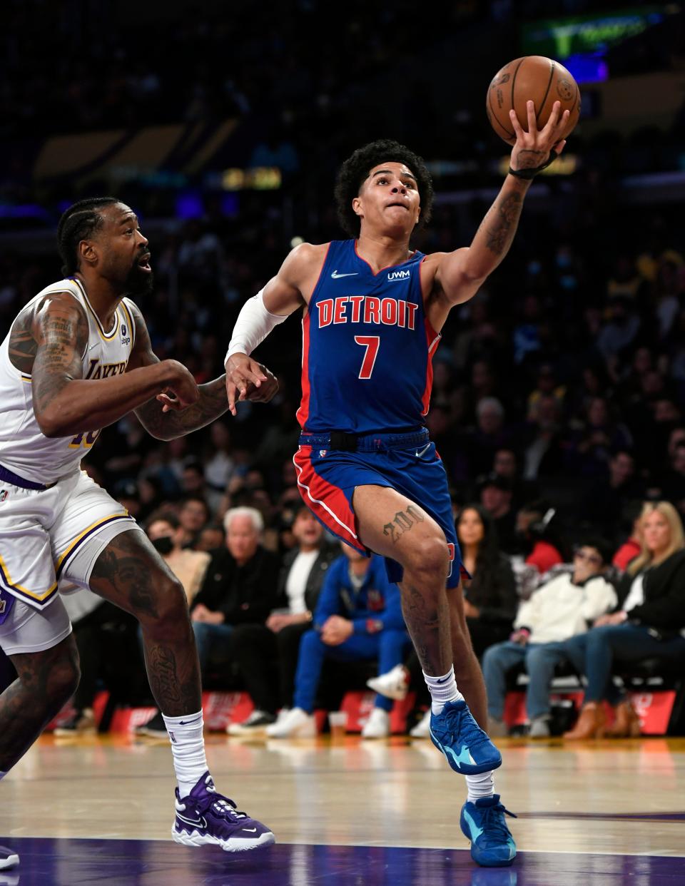 Pistons guard Killian Hayes drives to the basket against Lakers center DeAndre Jordan in the first half on Sunday, Nov. 28, 2021, in Los Angeles.