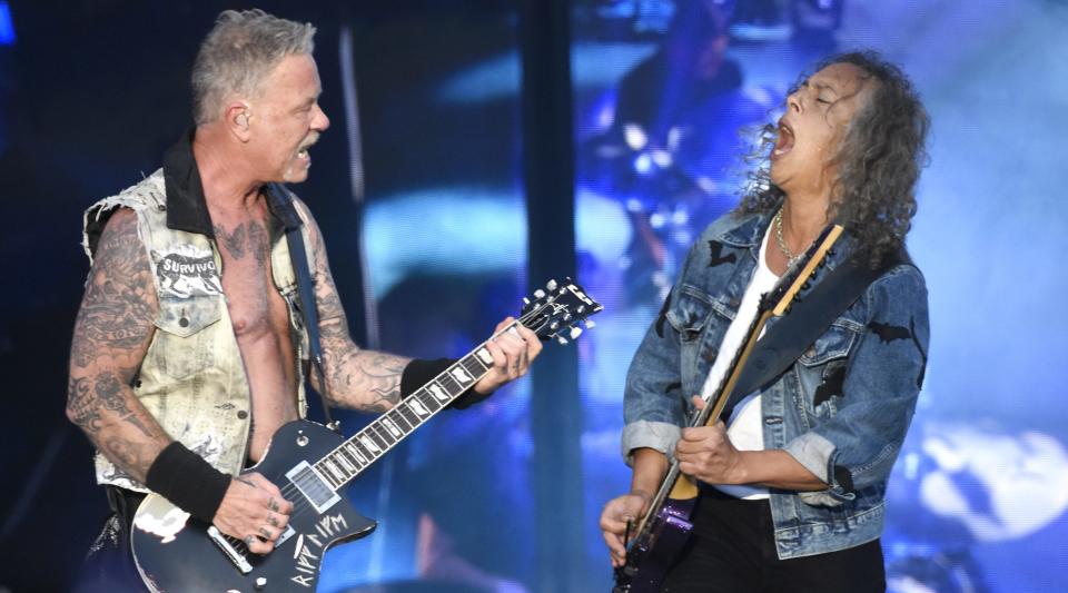 NAPA, CALIFORNIA - MAY 27: James Hetfield (L) and Kirk Hammett of Metallica perform during the 2022 BottleRock Napa Valley at Napa Valley Expo on May 27, 2022 in Napa, California. (Photo by Tim Mosenfelder/Getty Images)