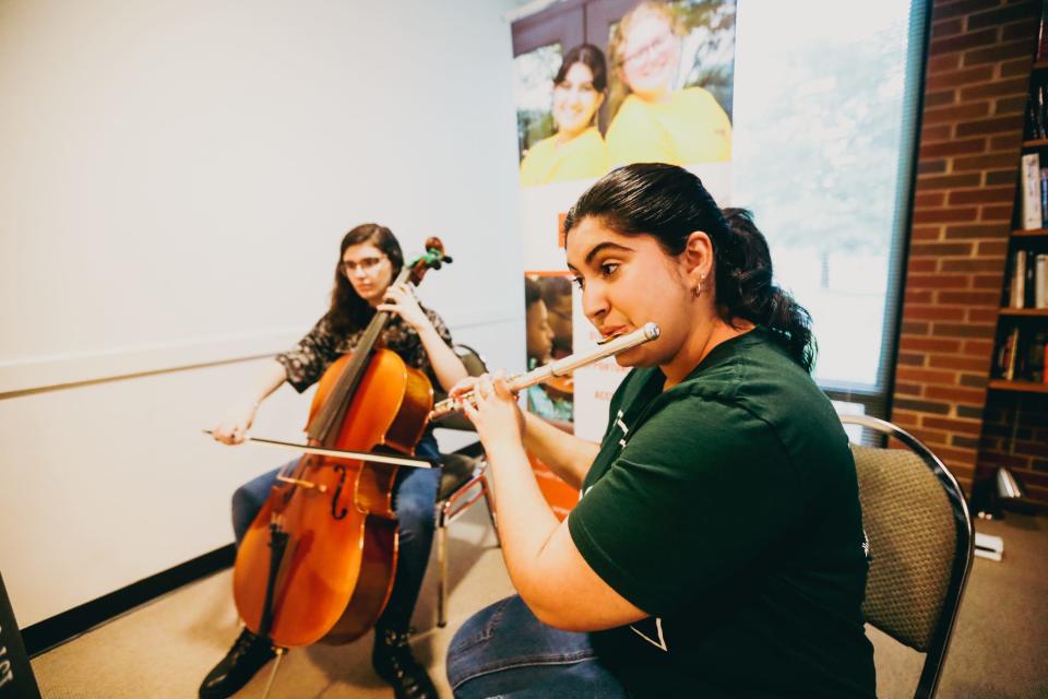 Flutist Isabelle Nieves and cellist Anjali Jackson are part of Prizm Ensemble, which is a music education program that trains young, underserved chamber music musicians grades six through twelve. They play a few notes on Wednesday, May 22, 2024 at Shady Grove Presbyterian Church in Memphis, Tenn.