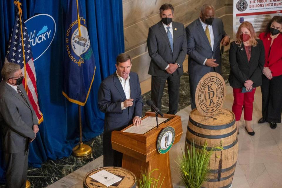 Kentucky Gov. Andy Beshear speaks during a media conference Wednesday, Jan. 19, 2022, in the rotunda at the Kentucky State Capitol in Frankfort announcing the results from a study detailing the growth and impact of Kentucky’s bourbon and distilled spirits industry.