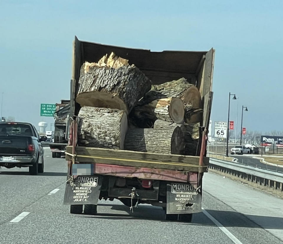 A truck loaded with large tree logs drives down a highway, with no straps fastening the logs