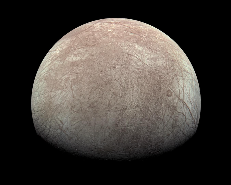 Europa, imaged by Juno’s JunoCam. - Image: <a class="link " href="https://www.jpl.nasa.gov/images/pia25695-nasas-juno-mission-captures-images-of-europa" rel="nofollow noopener" target="_blank" data-ylk="slk:Image data: NASA/JPL-Caltech/SwRI/MSSS Image processing: Kevin M. Gill CC BY 3.0;elm:context_link;itc:0;sec:content-canvas">Image data: NASA/JPL-Caltech/SwRI/MSSS Image processing: Kevin M. Gill CC BY 3.0</a>