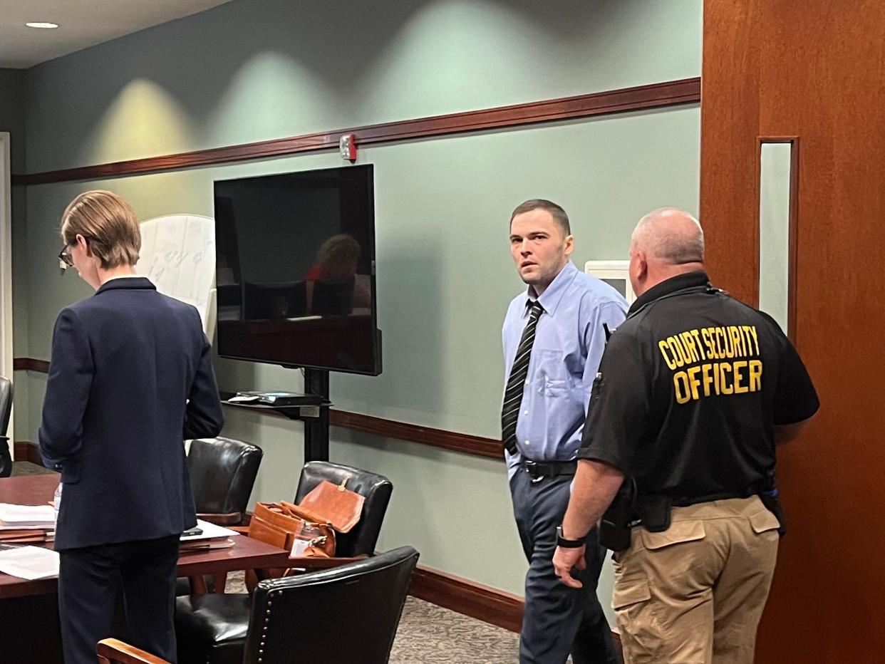 Dillon Brewster (center) was convicted on Friday in the 2021 killing of Kameryn Recchia and the abduction of her 3-year-old son.