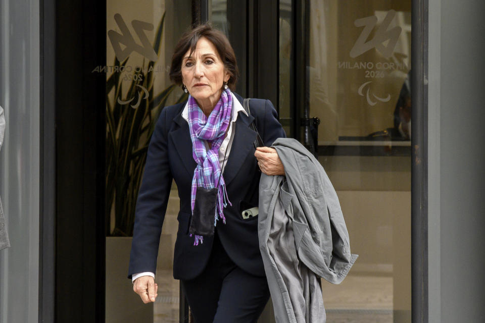 Prosecutor Tiziana Siciliano walks out of the headquarters of the Milan-Cortina 2026 Winter Olympics local organizing committee in Milan, Italy, Tuesday, May 21, 2024. Italy’s financial police have raided the headquarters of the Milan-Cortina 2026 Winter Olympics local organizing committee as part of an investigation into alleged irregularities over the way digital sponsors for the games were selected. Milan prosecutors say “the checks underway are aimed at procedures used for the selection of technological providers and sponsors as well as the hiring of employees by the foundation." (Claudio Furlan/LaPresse via AP)