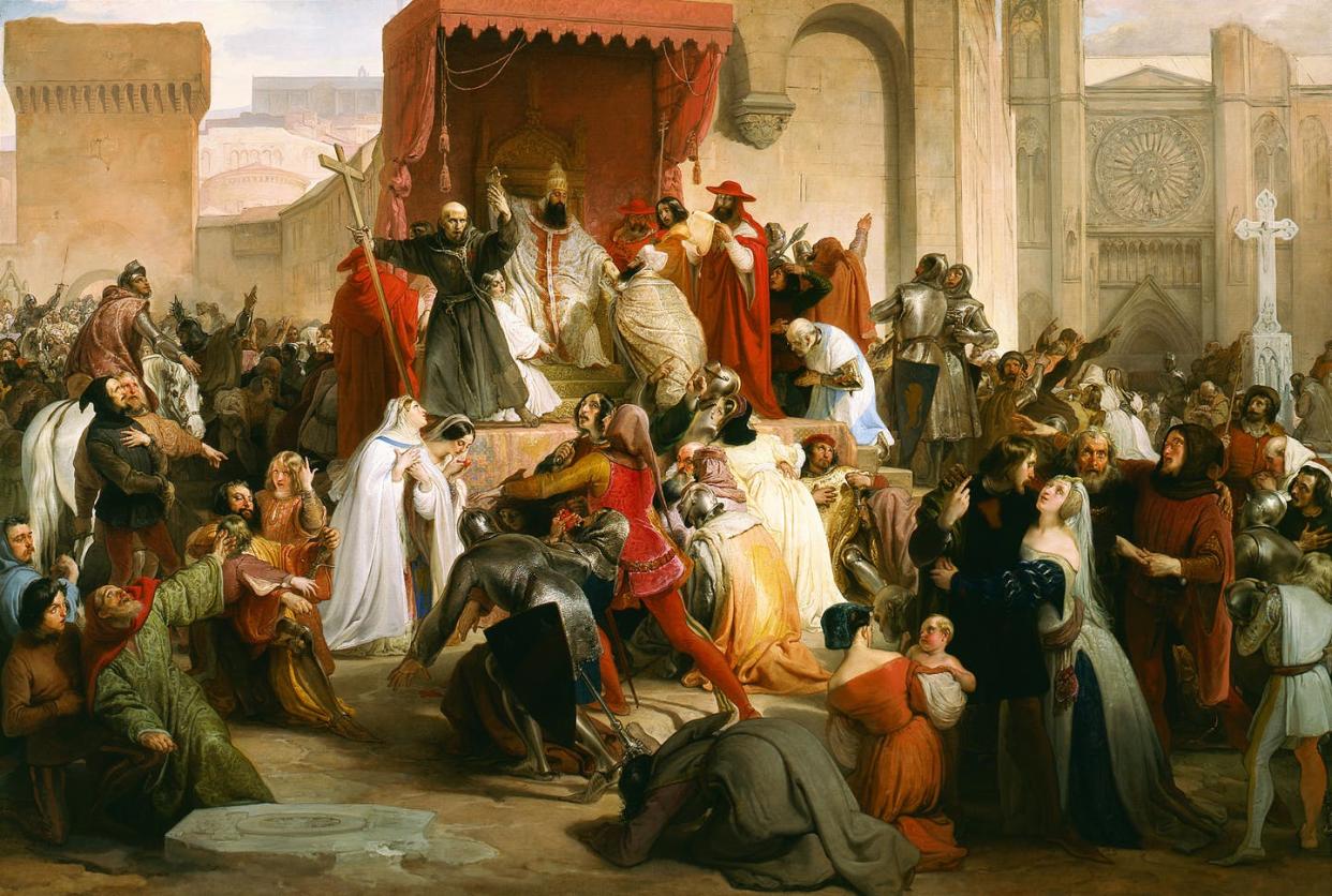 <span class="caption">Pope Urban II giving marching orders ahead of the First Crusade.</span> <span class="attribution"><a class="link " href="https://www.gettyimages.com/detail/news-photo/pope-urban-ii-preaching-the-first-crusade-in-the-square-of-news-photo/903375550?adppopup=true" rel="nofollow noopener" target="_blank" data-ylk="slk:Fine Art Images/Heritage Images/Getty Images;elm:context_link;itc:0;sec:content-canvas">Fine Art Images/Heritage Images/Getty Images</a></span>