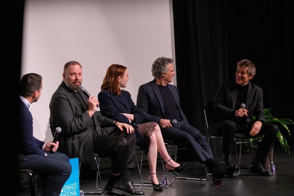 Dave Karger interviews "Poor Things" director Yorgos Lanthimos and actors Emma Stone, Mark Ruffalo and Willem Dafoe at a Talking Pictures event during the Palm Springs International Film Festival on Friday, Jan. 5, 2024, at the Annenberg Theater in Palm Springs, Calif.