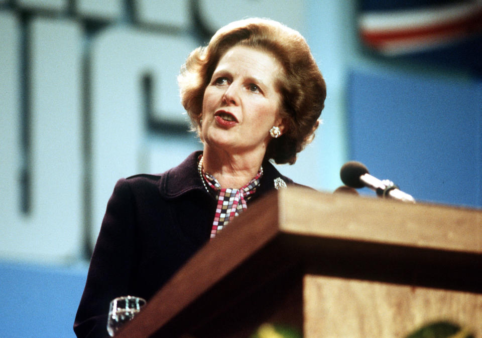 A library file picture of former Prime Minister Margaret Thatcher giving a speech during the Conservative Party Conference in Brighton.   (Photo by PA Images via Getty Images)