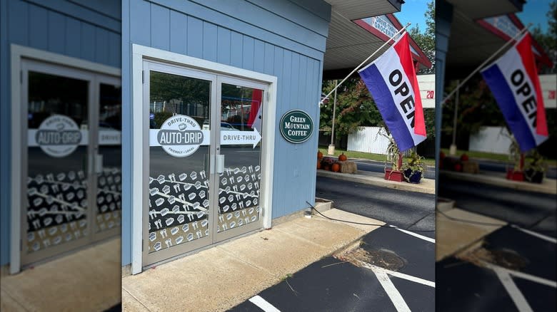 Coffee shop doors and flag