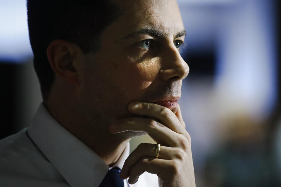 Democratic presidential candidate South Bend, Ind., Mayor Pete Buttigieg listens to a question during a campaign event at Ellsworth Community College, Monday, Jan. 27, 2020, in Iowa Falls, Iowa. (AP Photo/Matt Rourke)