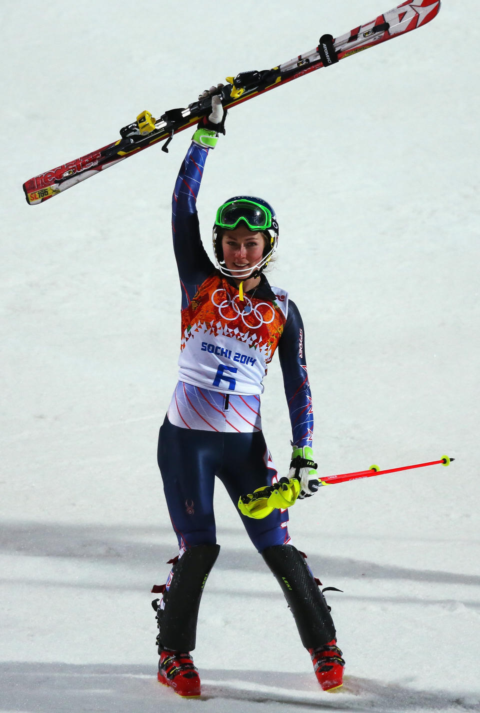 SOCHI, RUSSIA - FEBRUARY 21:  Mikaela Shiffrin of the United States celebrates winning gold after her second run during the Women's Slalom during day 14 of the Sochi 2014 Winter Olympics at Rosa Khutor Alpine Center on February 21, 2014 in Sochi, Russia.  (Photo by Alexander Hassenstein/Getty Images)