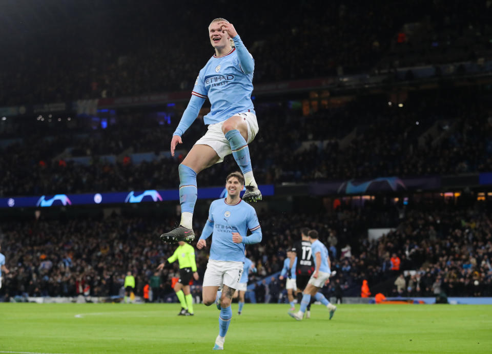 Erling Haaland celebrates a goal.