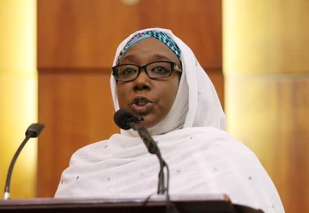 Hon. Hadijat Bukka speaks during the senate screening of new ministers in Abuja, Nigeria October 20, 2015. REUTERS/Stringer