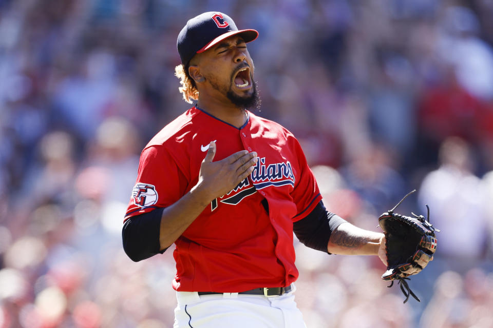Cleveland Guardians relief pitcher Emmanuel Clase celebrates a win against the Minnesota Twins in the first baseball game of a doubleheader, Tuesday, June 28, 2022, in Cleveland. (AP Photo/Ron Schwane)