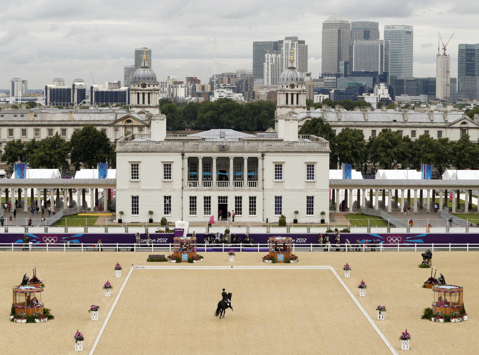 Spain's Morgan Barbancon Mestres riding Painted Black competes in the equestrian dressage individual grand prix special at the London 2012 Olympic Games in Greenwich Park August 7, 2012. REUTERS/Mike Hutchings (BRITAIN - Tags: SPORT EQUESTRIANISM SPORT OLYMPICS) 