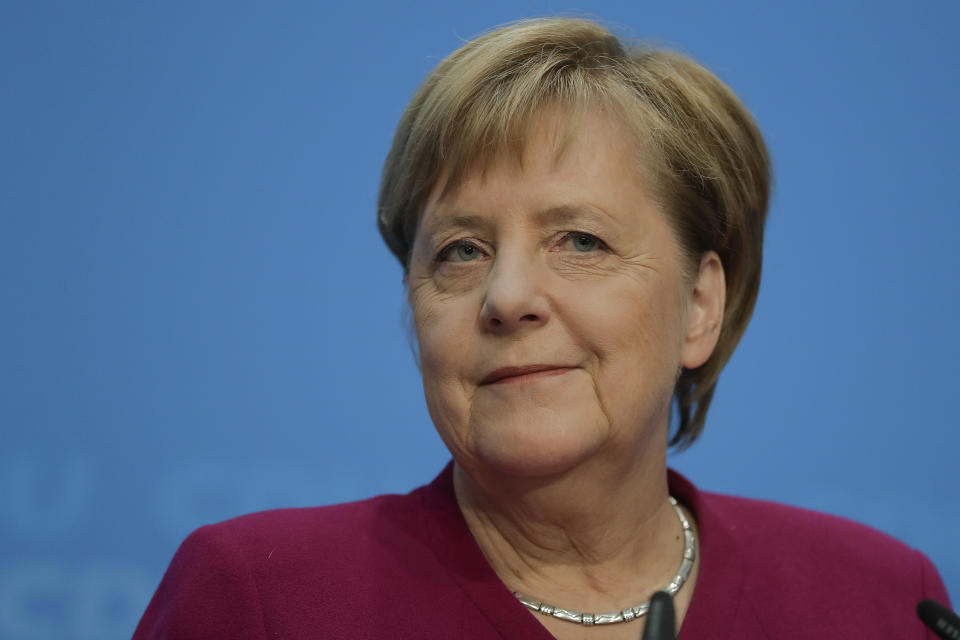 German Christian Democratic Party, CDU, chairwoman and Chancellor Angela Merkel addresses the media during a news conference after a party's leaders meeting at the headquarters the in Berlin, Germany, Monday, Oct. 29, 2018. (AP Photo/Markus Schreiber)