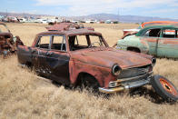 <p>We have literally hundreds of pictures of Triumph TR7s, Spitfires and MGBs in US salvage yards, but instead here’s a far rarer British import. It’s an Austin A55 Cambridge, but was known in the US as a Cambrian, seeing as Plymouth was already using the Cambridge name. Having been fire damaged, and shot at, this particular example doesn’t have a whole lot going for it, and isn’t likely to earn a cent for owner Jim Hines of Jim’s Vintage Automotive.</p>