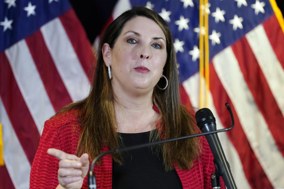 FILE - In this Nov. 9, 2020 file photo, Republican National Committee chairwoman Ronna McDaniel speaks during a news conference at the Republican National Committee in Washington. The head of the Republican National Committee is declining to encourage former President Donald Trump to run for the White House in 2024. RNC Chairwoman Ronna McDaniel told The Associated Press on Wednesday that the party would stay “neutral” in its next presidential primary. (AP Photo/Alex Brandon)