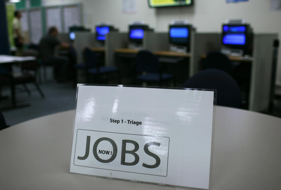 A sign at an information station is shown at the One Stop employment center in San Francisco